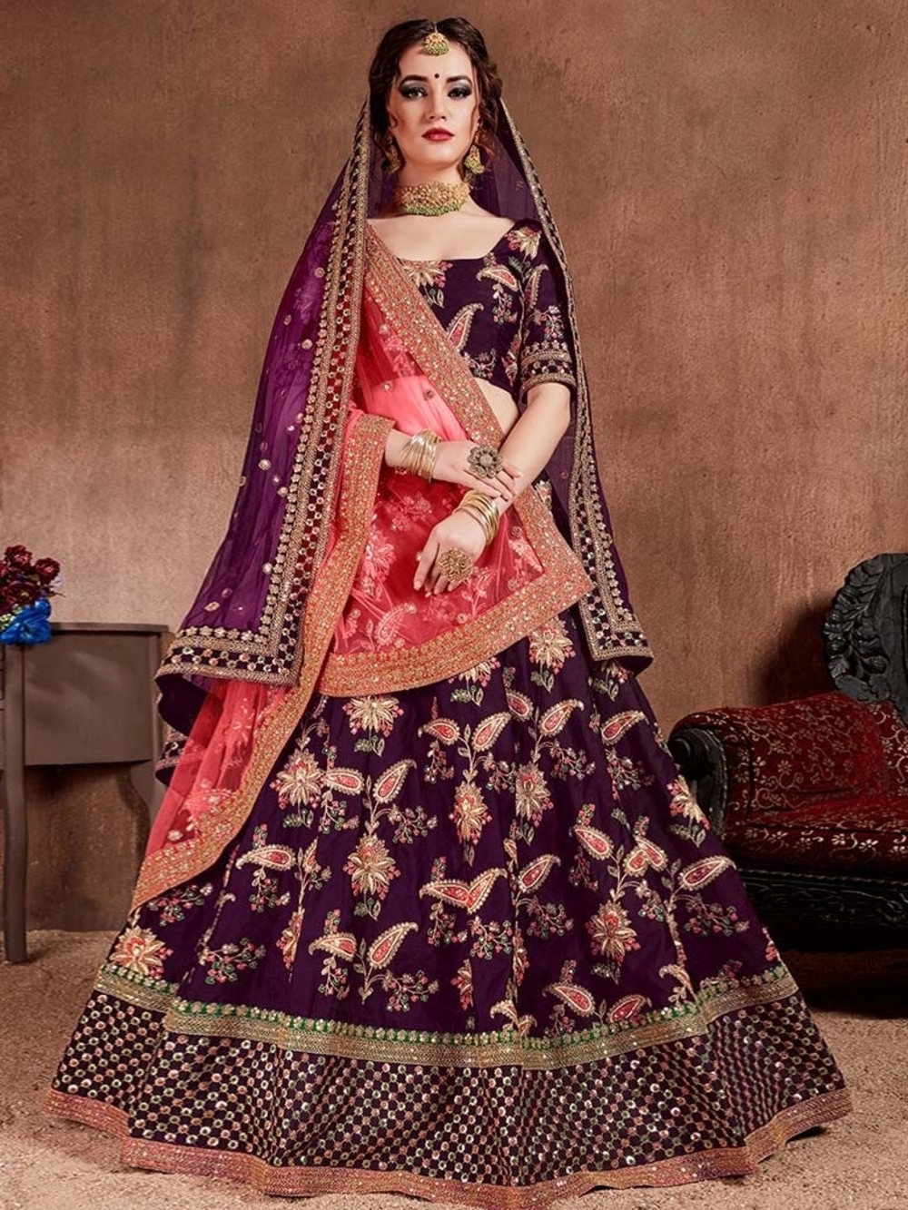 Embroidered Purple Lehenga with Peach Dupatta 8xl (Fits Size 20/22W)
